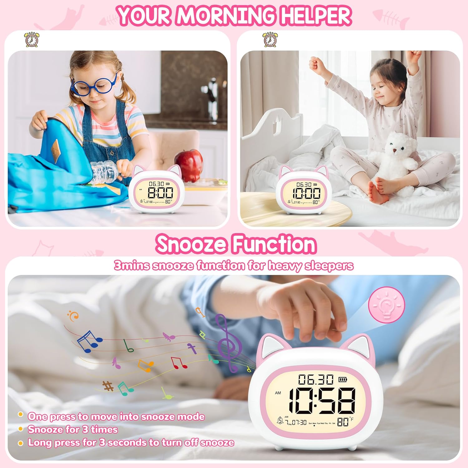 Adorable Cat Alarm Clock for Kids with Night Light
