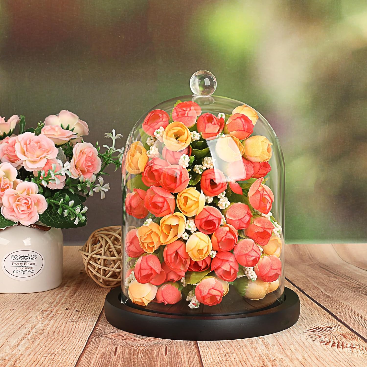 JUXYES Clear Glass Cloche with Wood Base