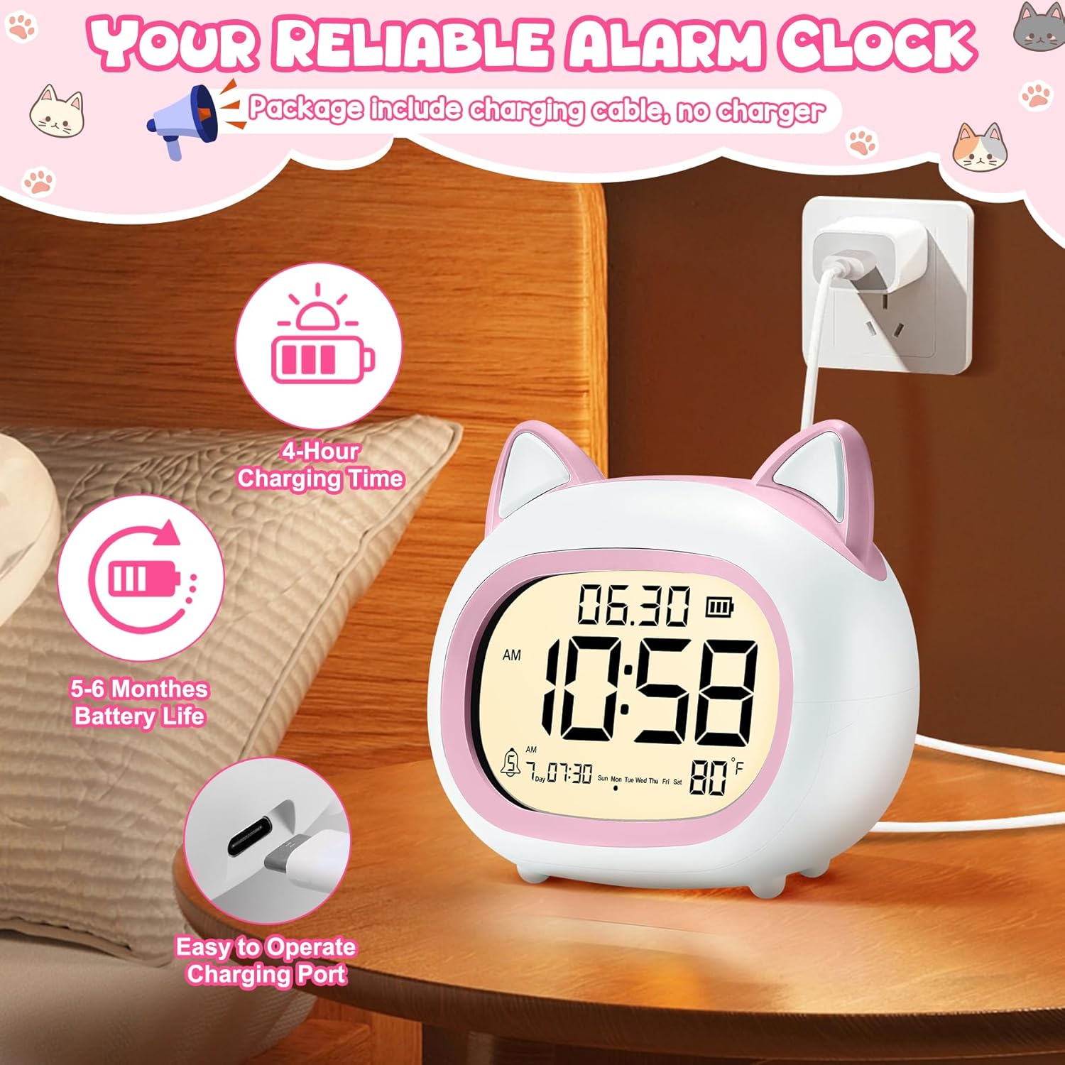 Adorable Cat Alarm Clock for Kids with Night Light