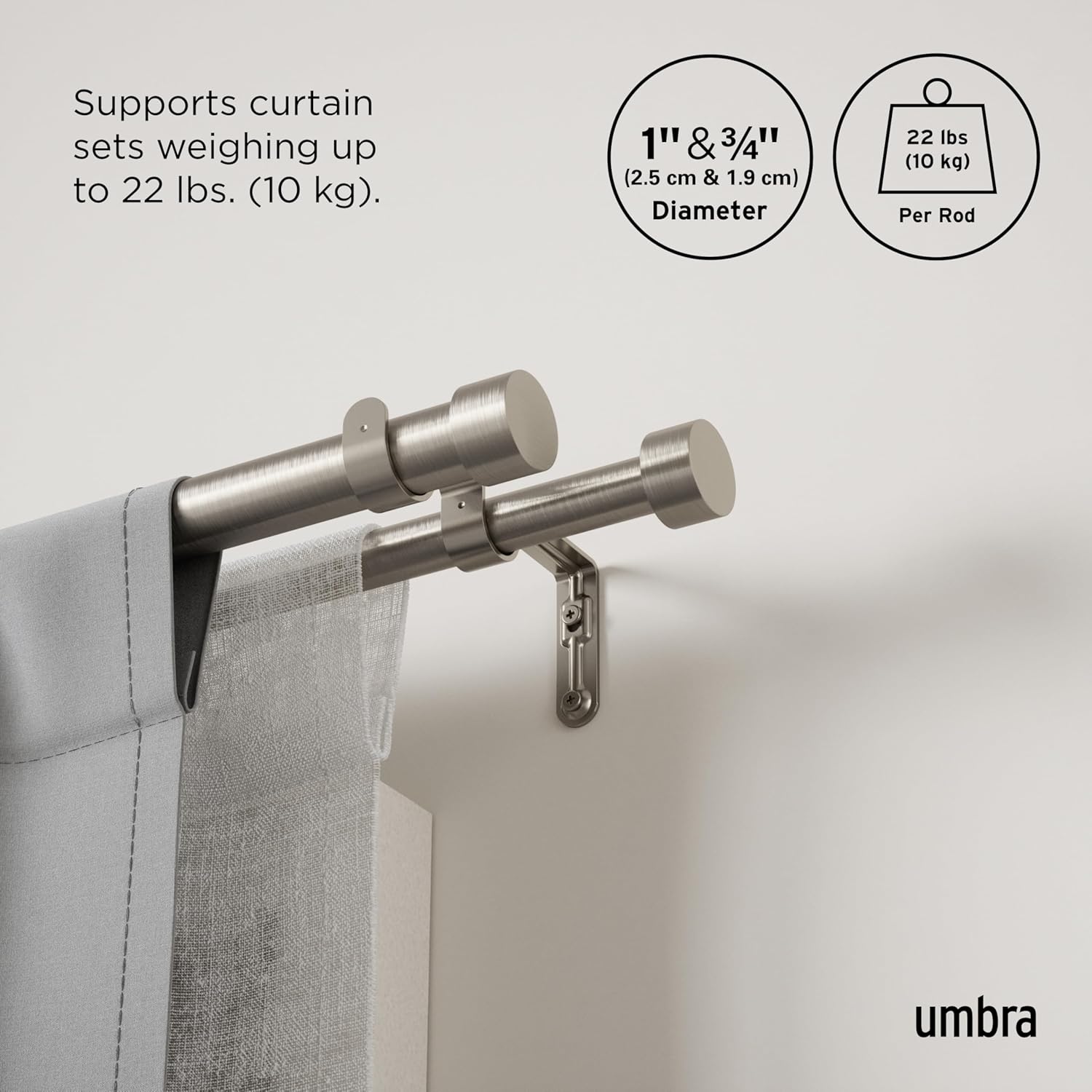 Umbra Cappa Double Curtain Rod with Finials and Hardware 66-120 Inch Nickel