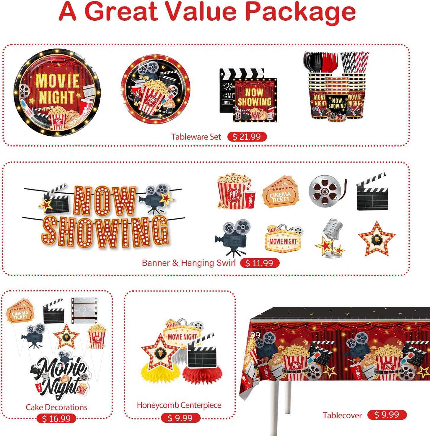 157pcs Movie Night Supplies Set with Plates and Tablecloths