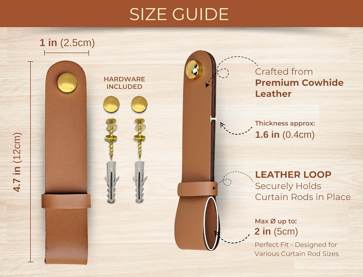 Premium Leather Curtain Rod Holders 2 Pack Light Brown