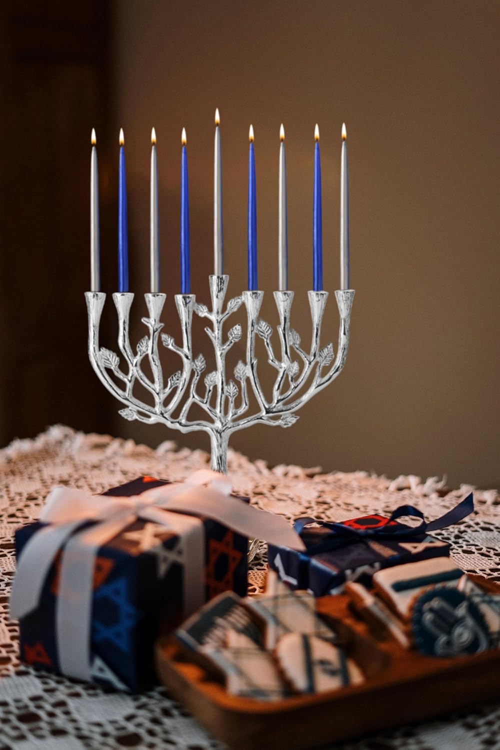 Ner Mitzvah Tree of Life Hanukkah Menorah - Silver Tone Design