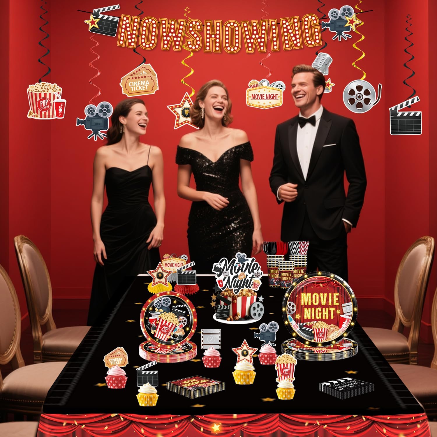 157pcs Movie Night Supplies Set with Plates and Tablecloths
