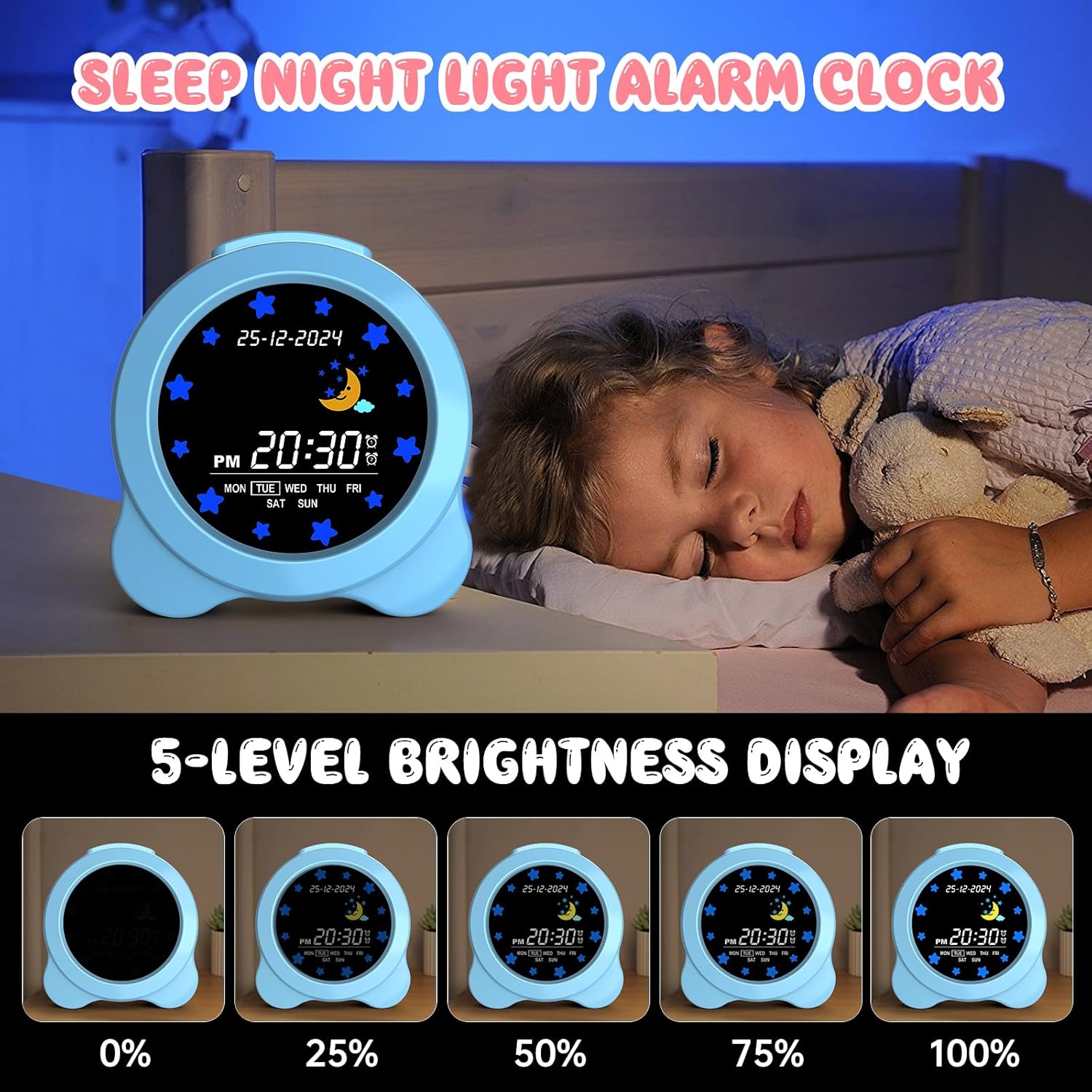 Kids Alarm Clock with Sun Moon LED Display