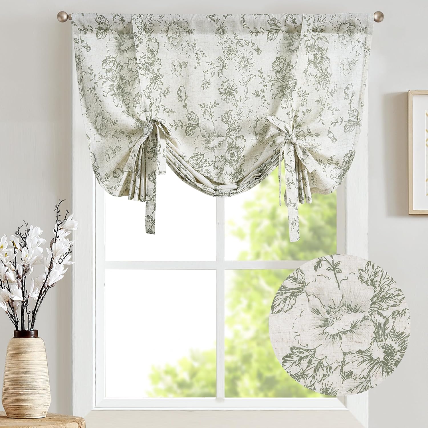 Jinchan Tie Up Valance Floral Linen 54 Inch Sage Green on Beige