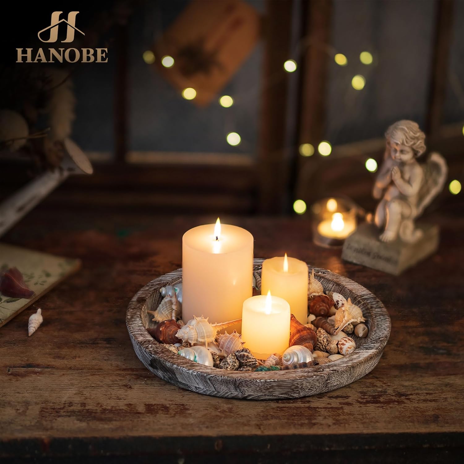 Hanobe Round Wooden Candle Holder Tray for Home Decor