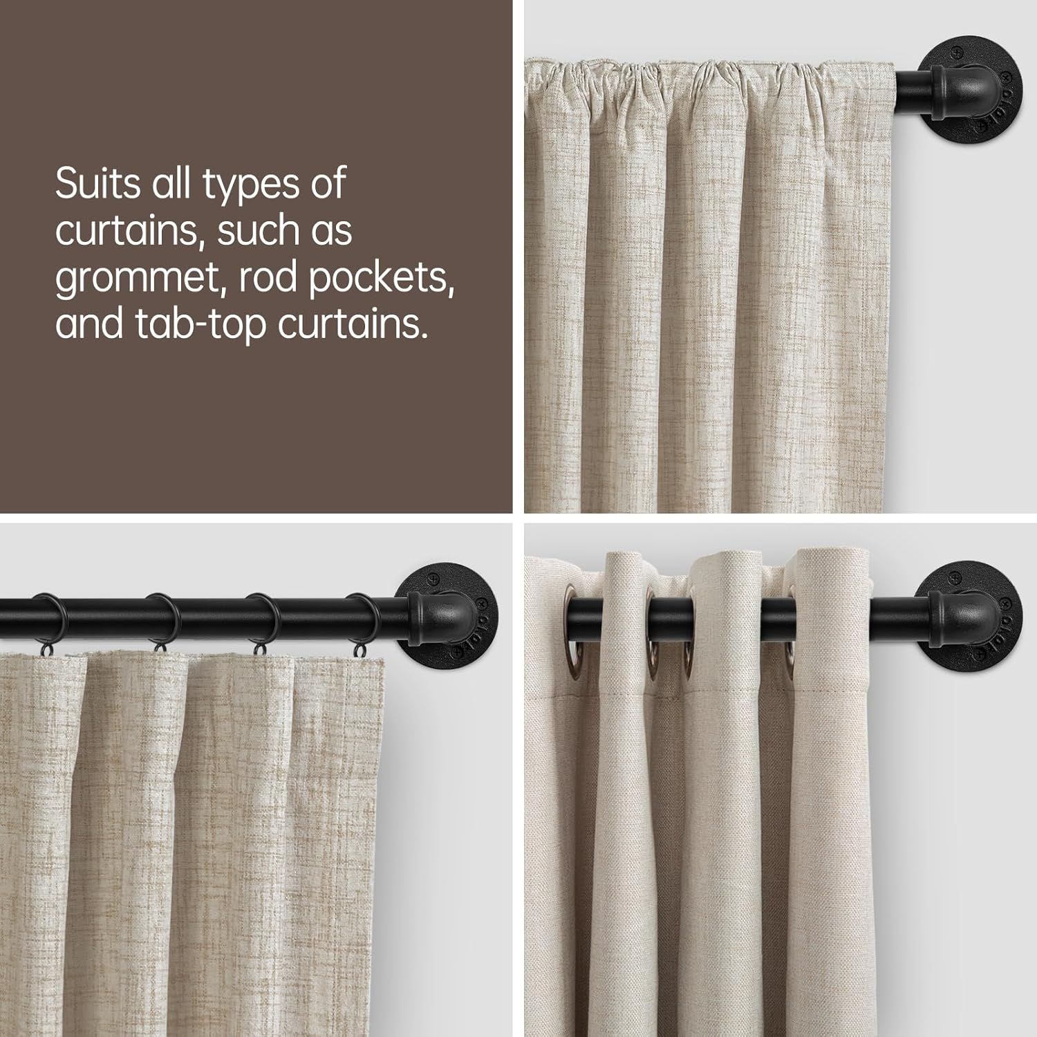 Zeerobee 1 Inch Black Curtain Rod 48-86 Inches