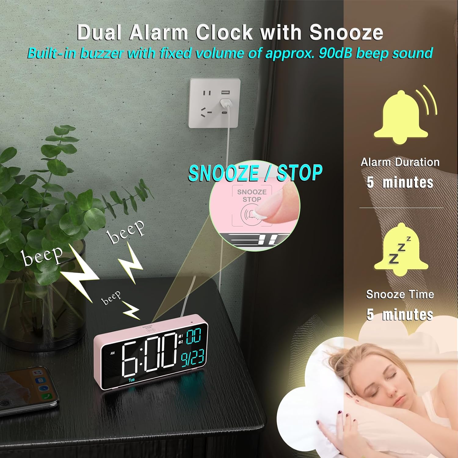Kosumosu Pink Digital Alarm Clock with Dual Alarms