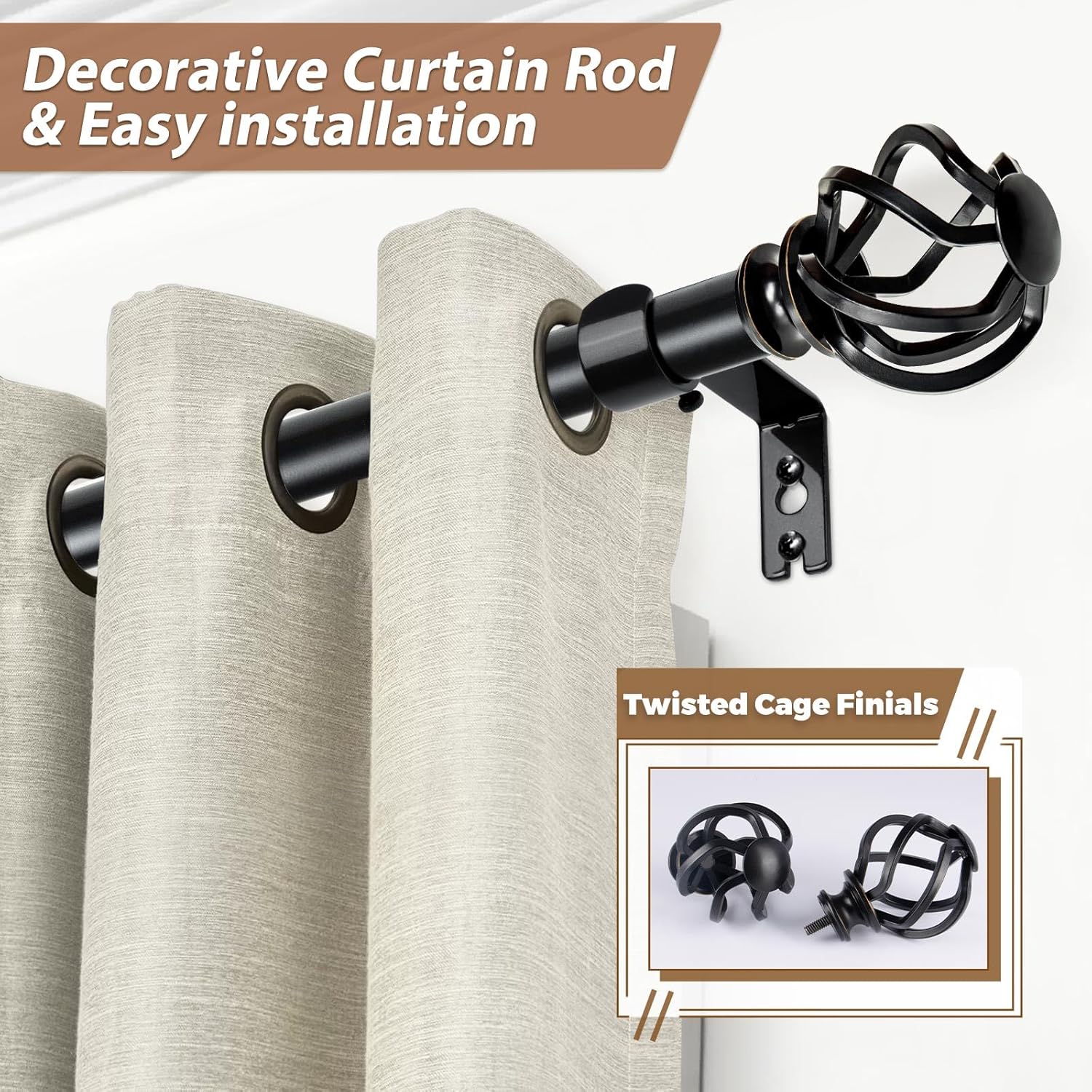 KAMANINA 2pcs Black Finials for Curtain Rods