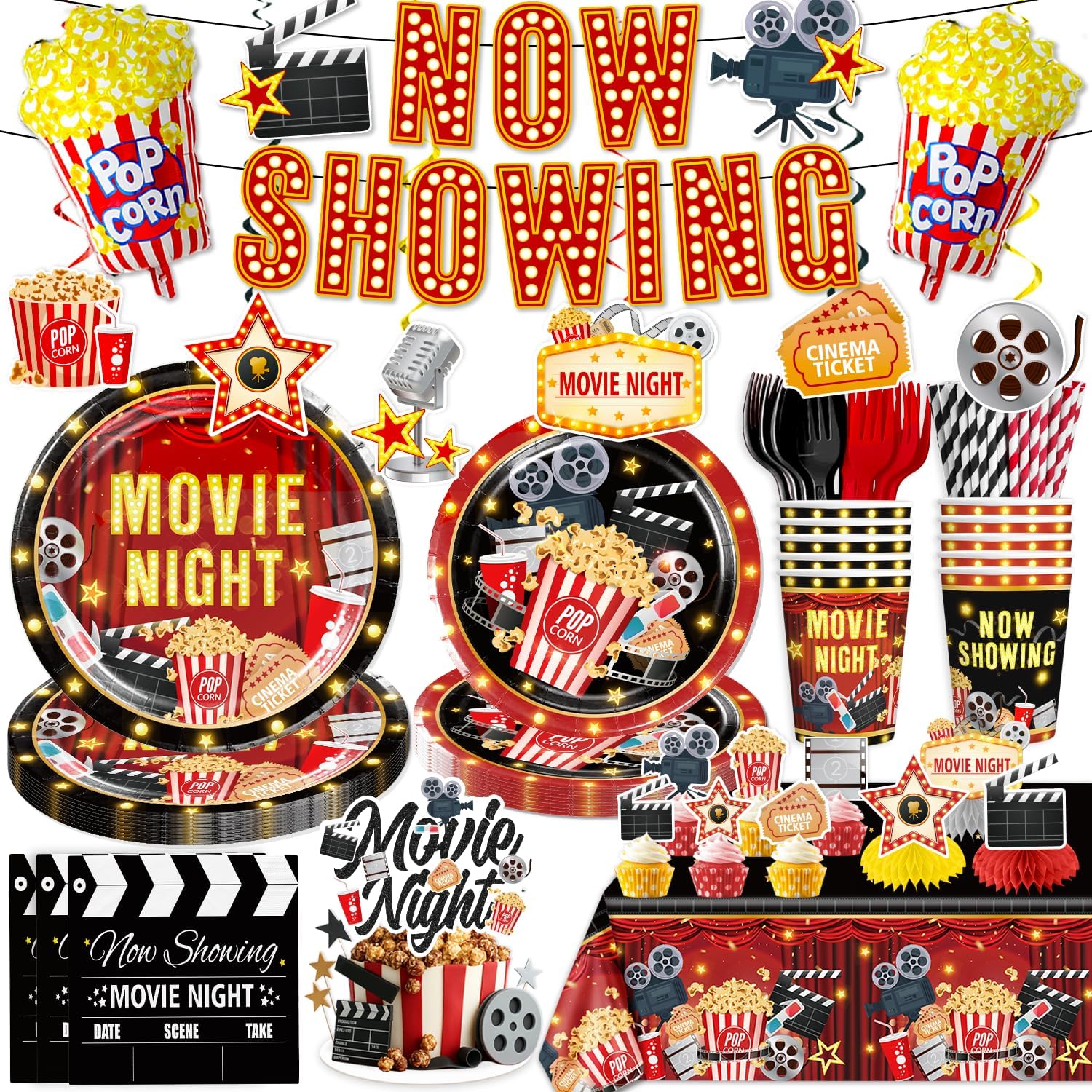 157pcs Movie Night Supplies Set with Plates and Tablecloths