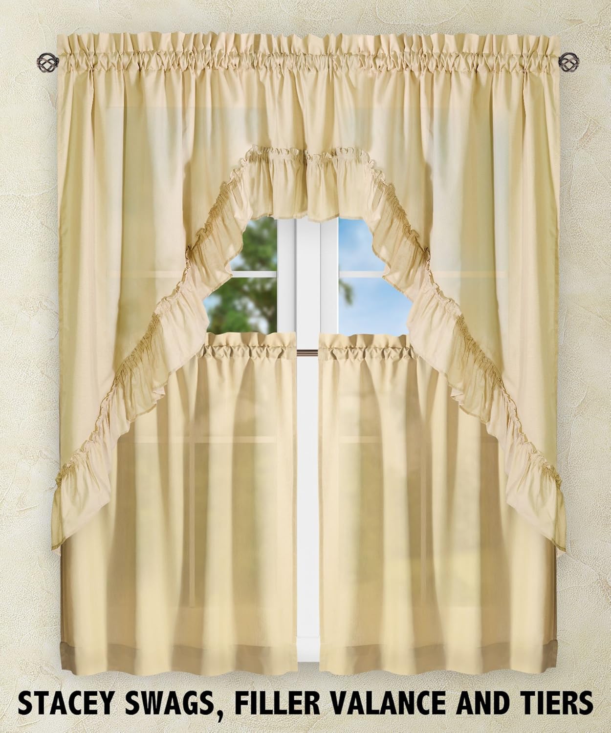 Simple Comfort Ellis 60x38 Inch Ruffled Swag Curtain Almond