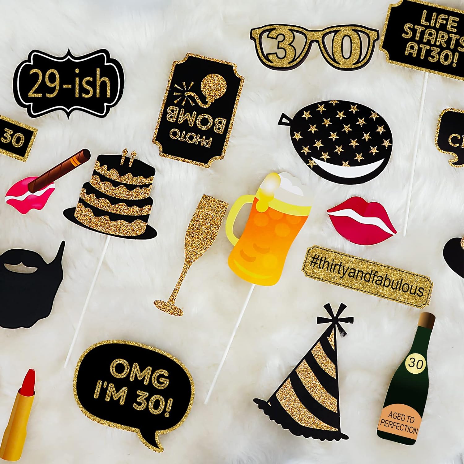 30th Birthday Photo Booth Props 41Pcs Gold Red Decorations