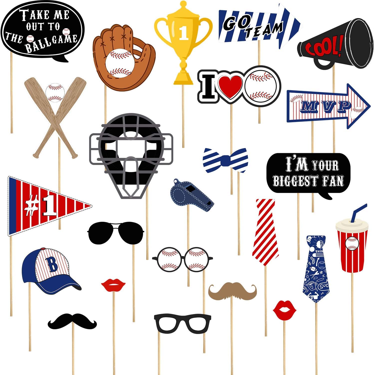 24 Piece Baseball Photo Booth Props Kit for Parties