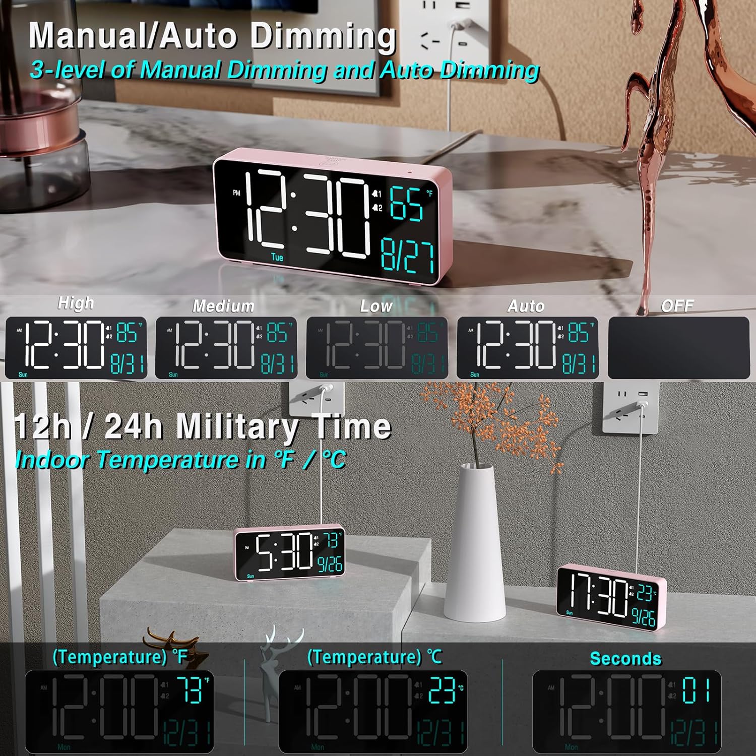 Kosumosu Pink Digital Alarm Clock with Dual Alarms