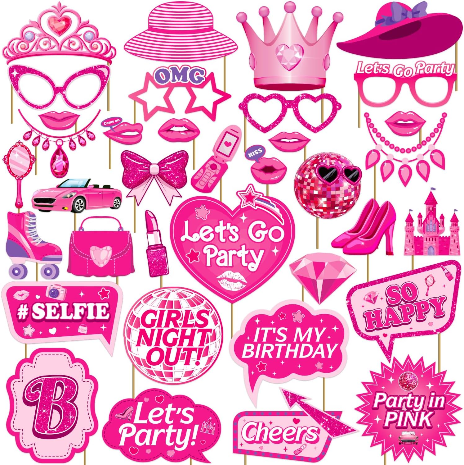 36Pcs Hot Pink Photo Booth Props for Girls Parties