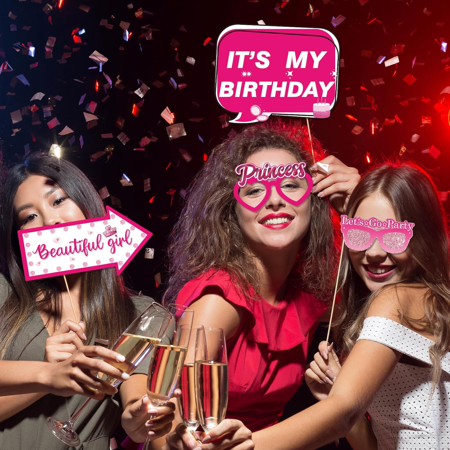 30Pcs Pink Girl Birthday Photo Booth Props with Sticks
