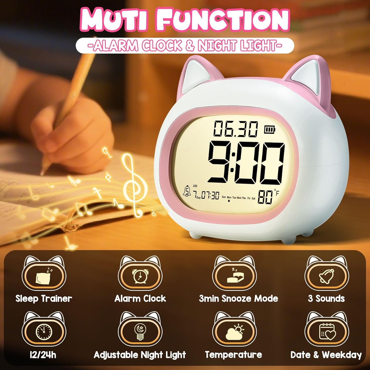Adorable Cat Alarm Clock for Kids with Night Light
