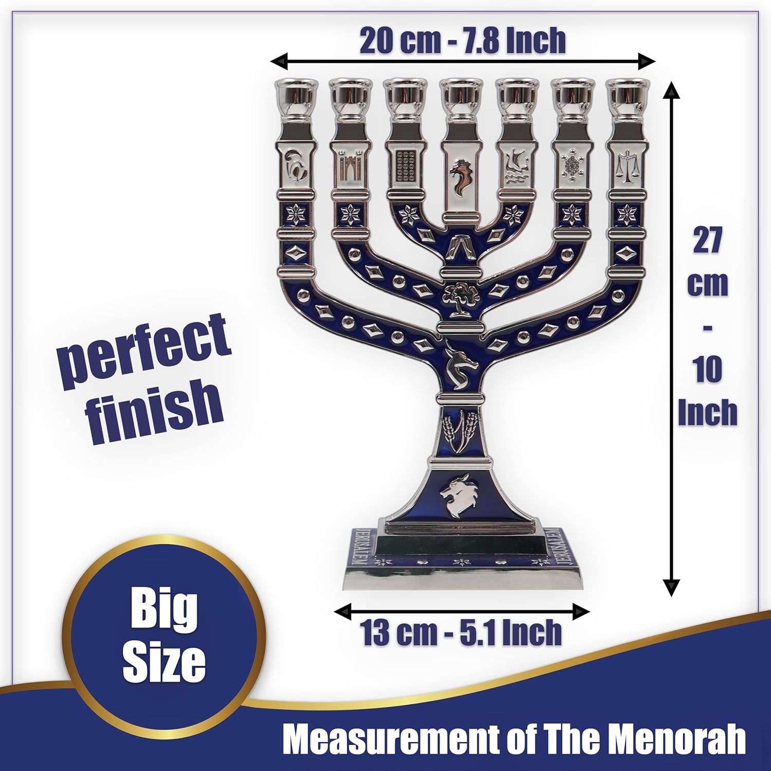 Jerusalem 7 Branch Traditional Menorah Enamel Finish with 12 Tribes of Israel
