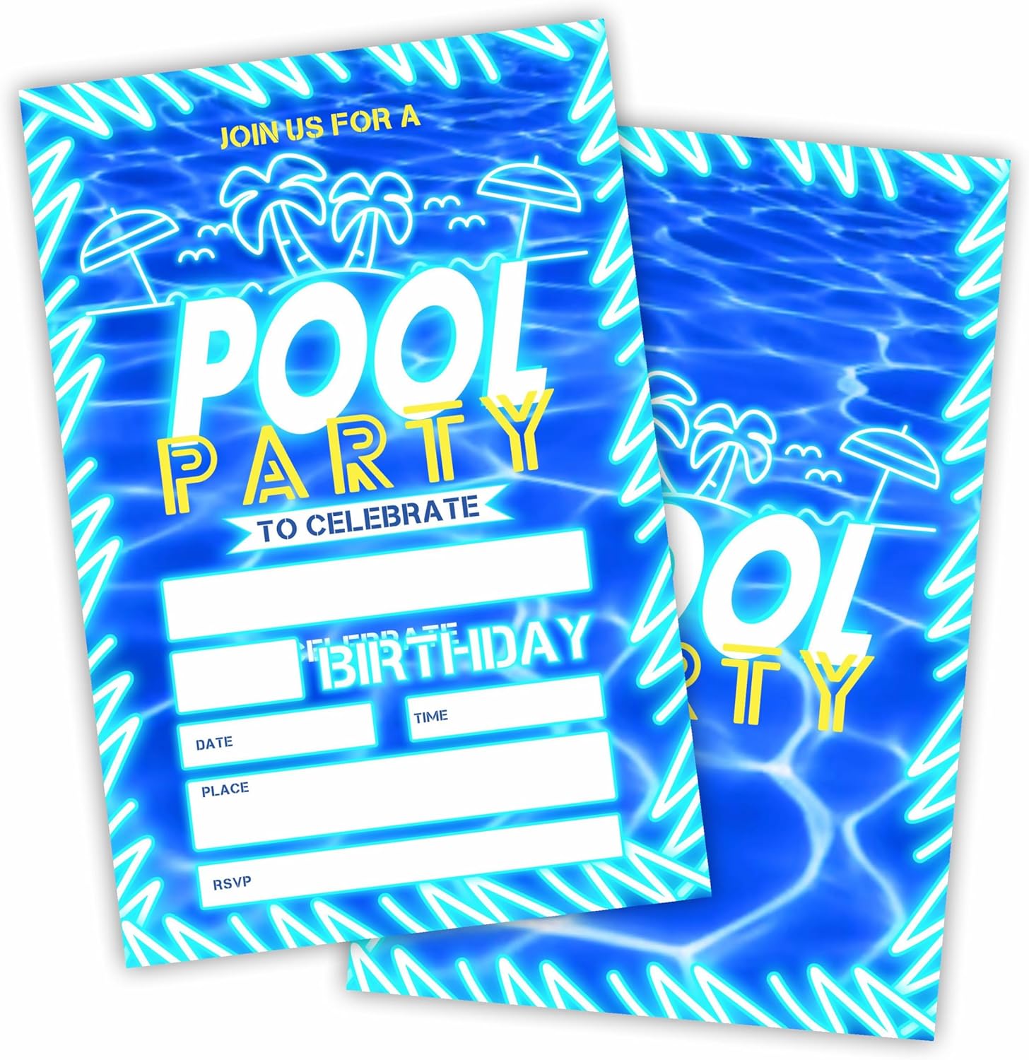 Pool Party Birthday Invitations With Envelopes - Neon Glow Blue Palm Tree Design