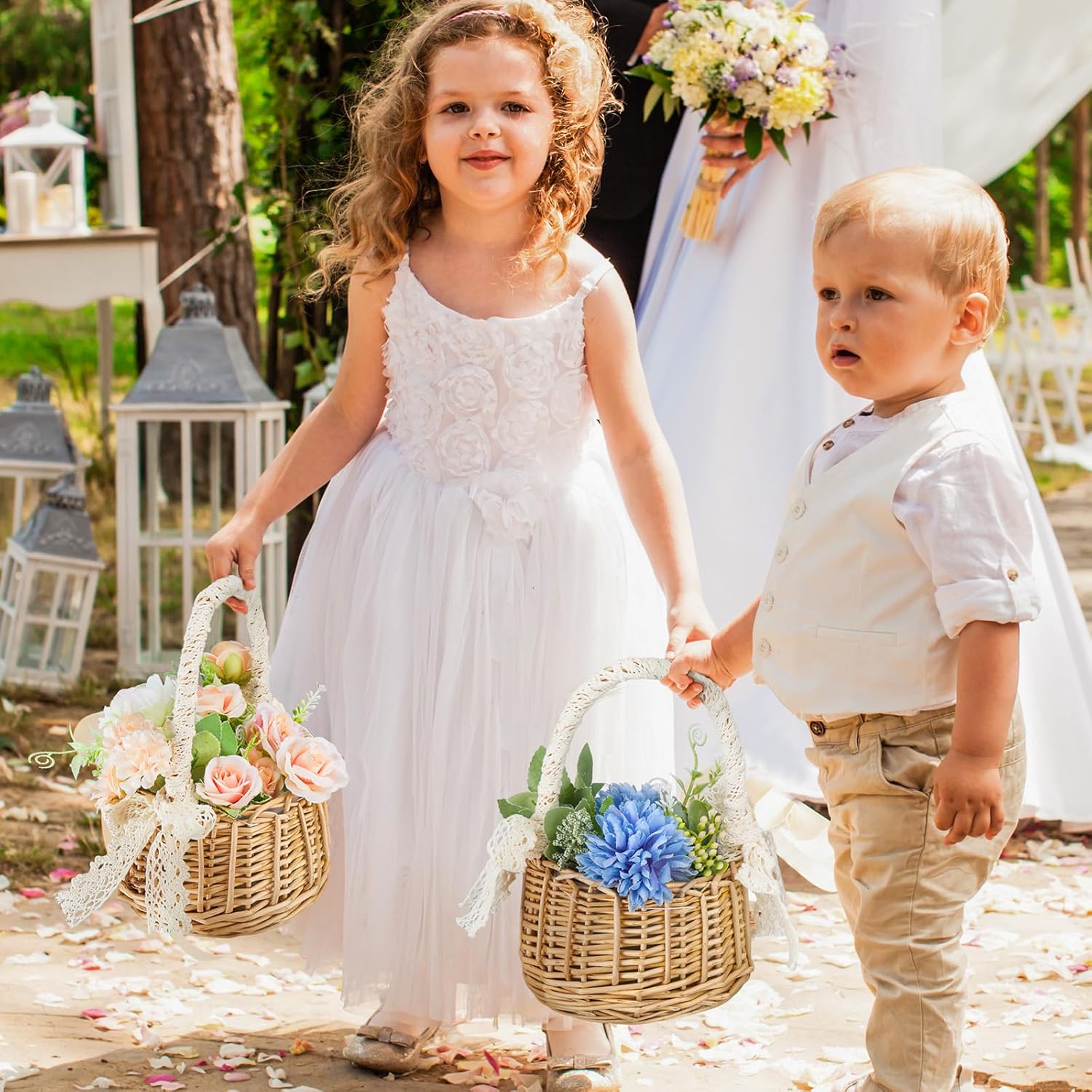 6 Pcs Wedding Flower Girl Baskets with Handle and Ribbon