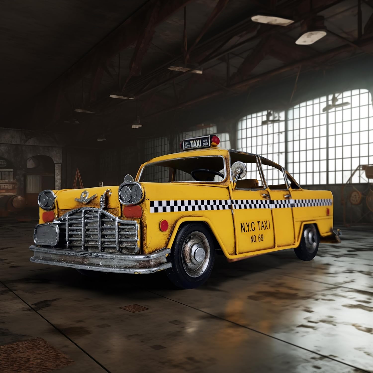 Retro Handmade Yellow NYC Taxi Cab Model 11 Inch Collectible