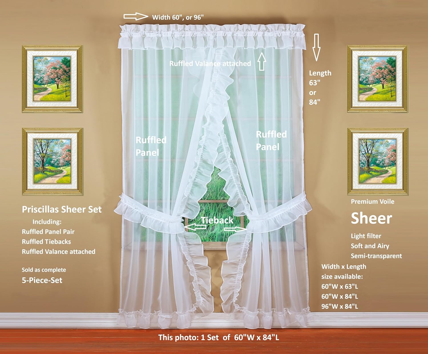 Todays Curtain Emelia Priscilla Sheer Pair 60x84 White 5-Piece Set
