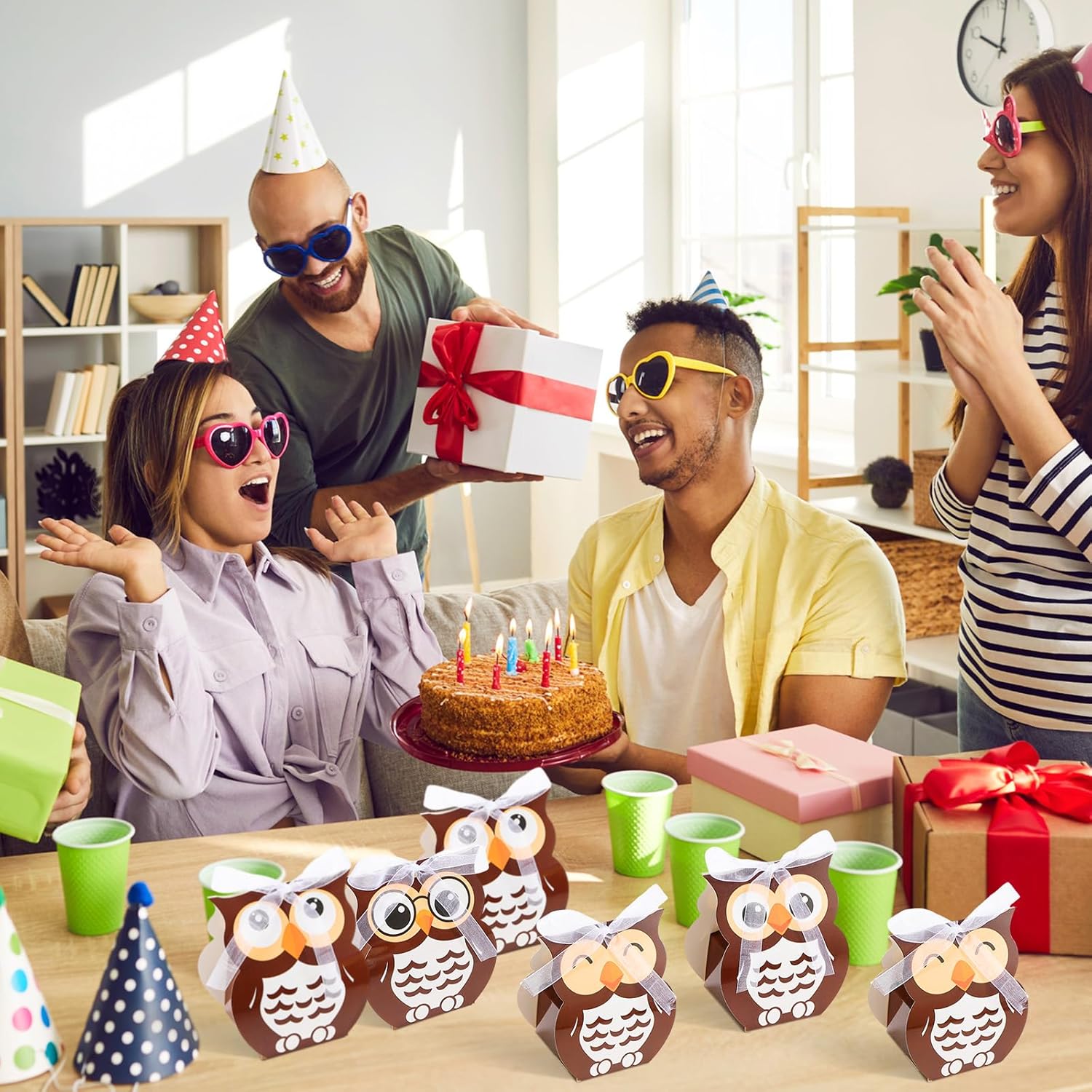 SilTriangle Owl Party Favor Boxes with Mesh Straps Brown