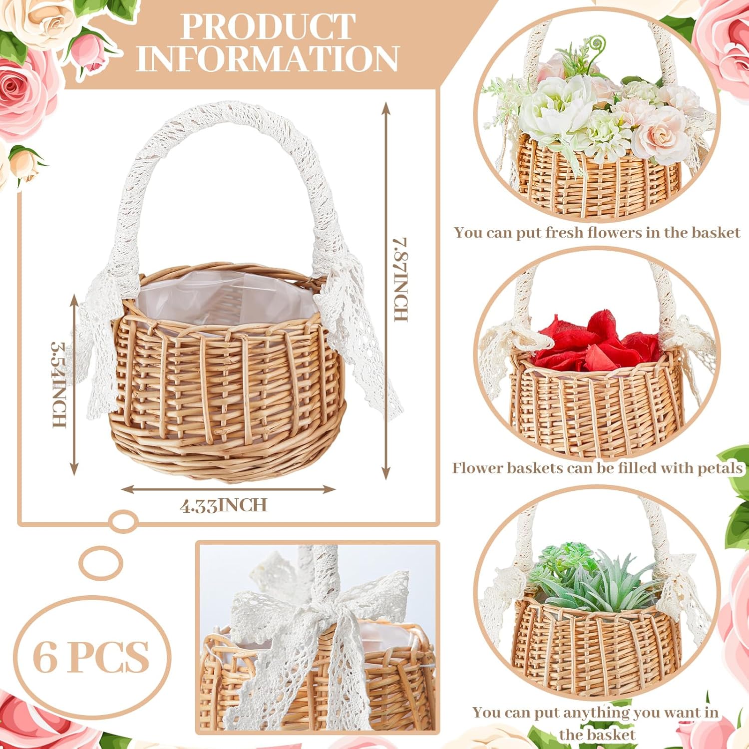 6 Pcs Wedding Flower Girl Baskets with Handle and Ribbon