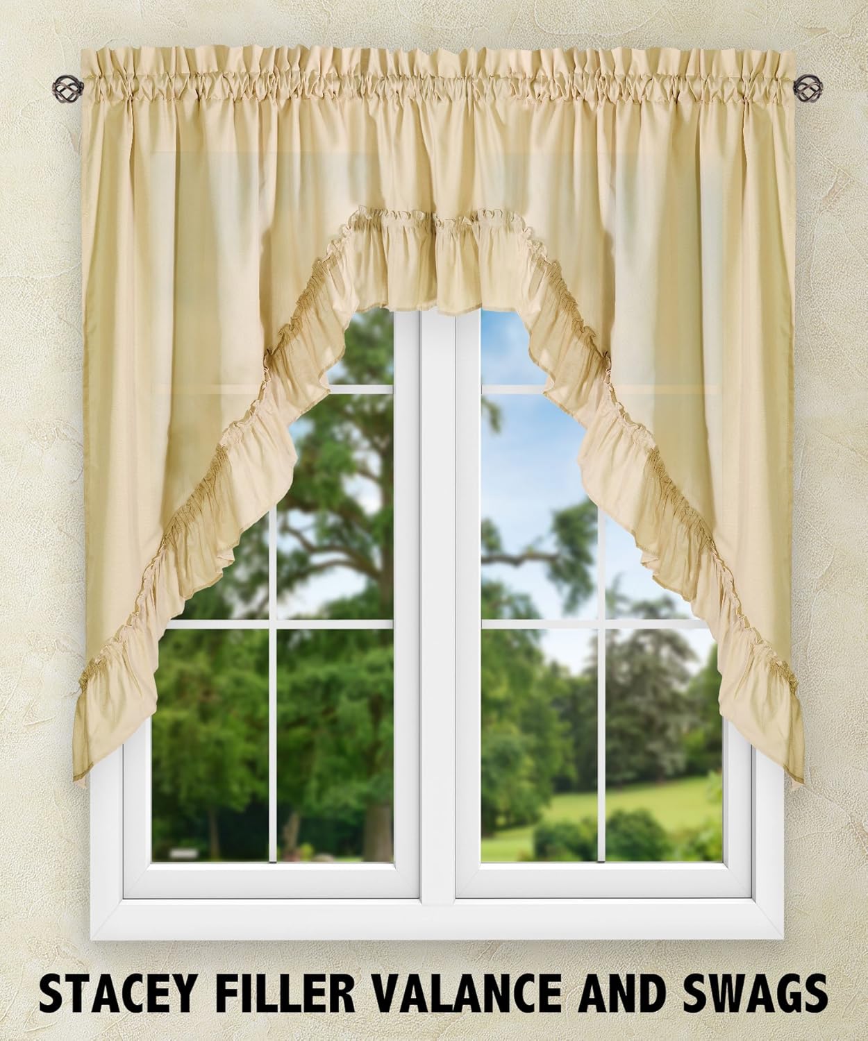 Simple Comfort Ellis 60x38 Inch Ruffled Swag Curtain Almond