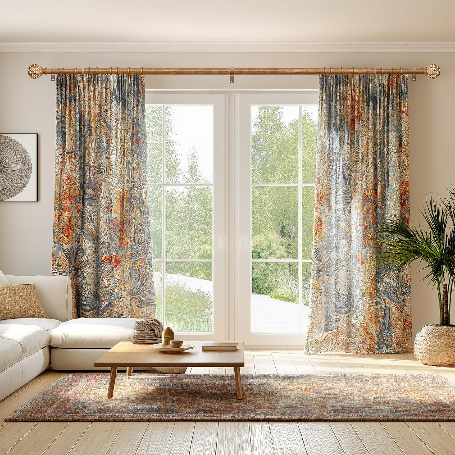 Boho Style Wood Grain Curtain Rod Set 36-88 Inches Natural Wood