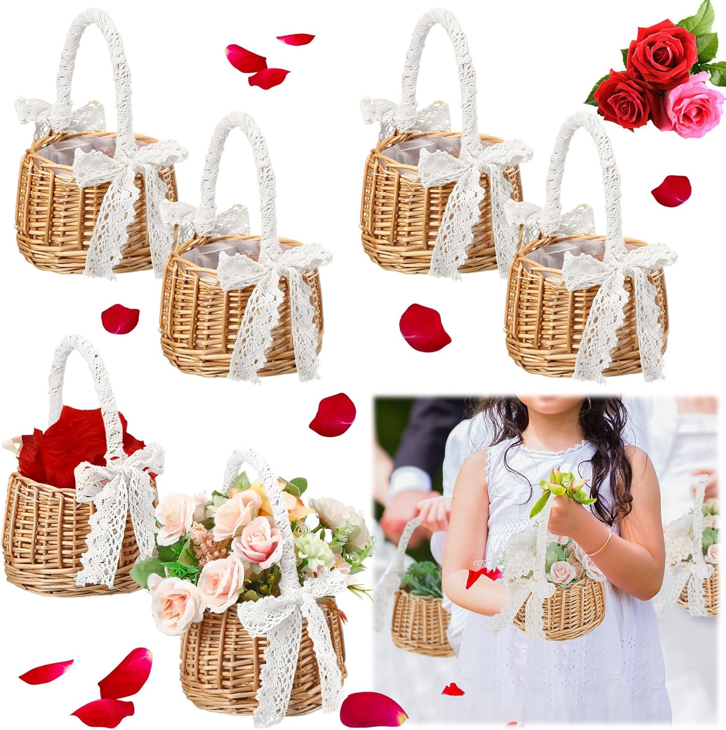 6 Pcs Wedding Flower Girl Baskets with Handle and Ribbon