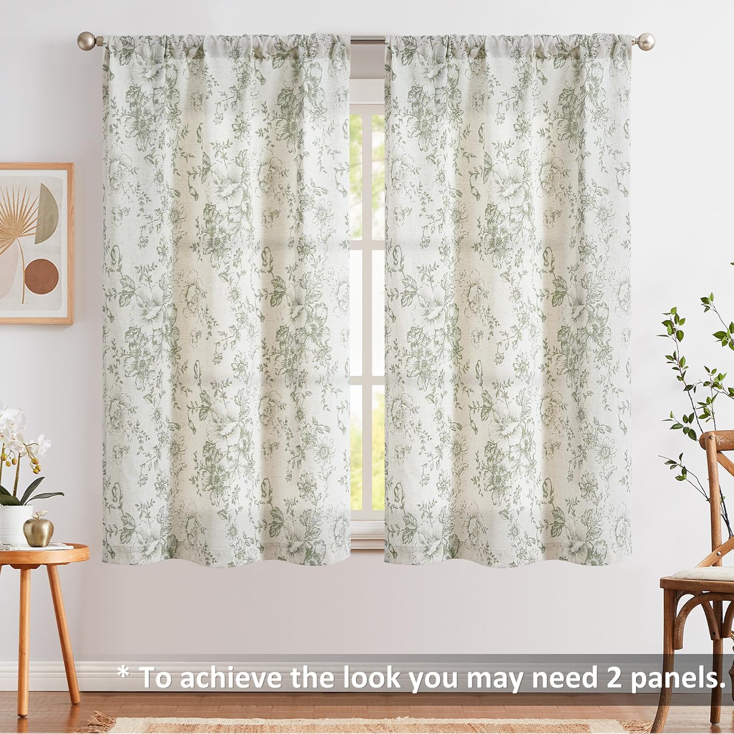 Jinchan Tie Up Valance Floral Linen 54 Inch Sage Green on Beige