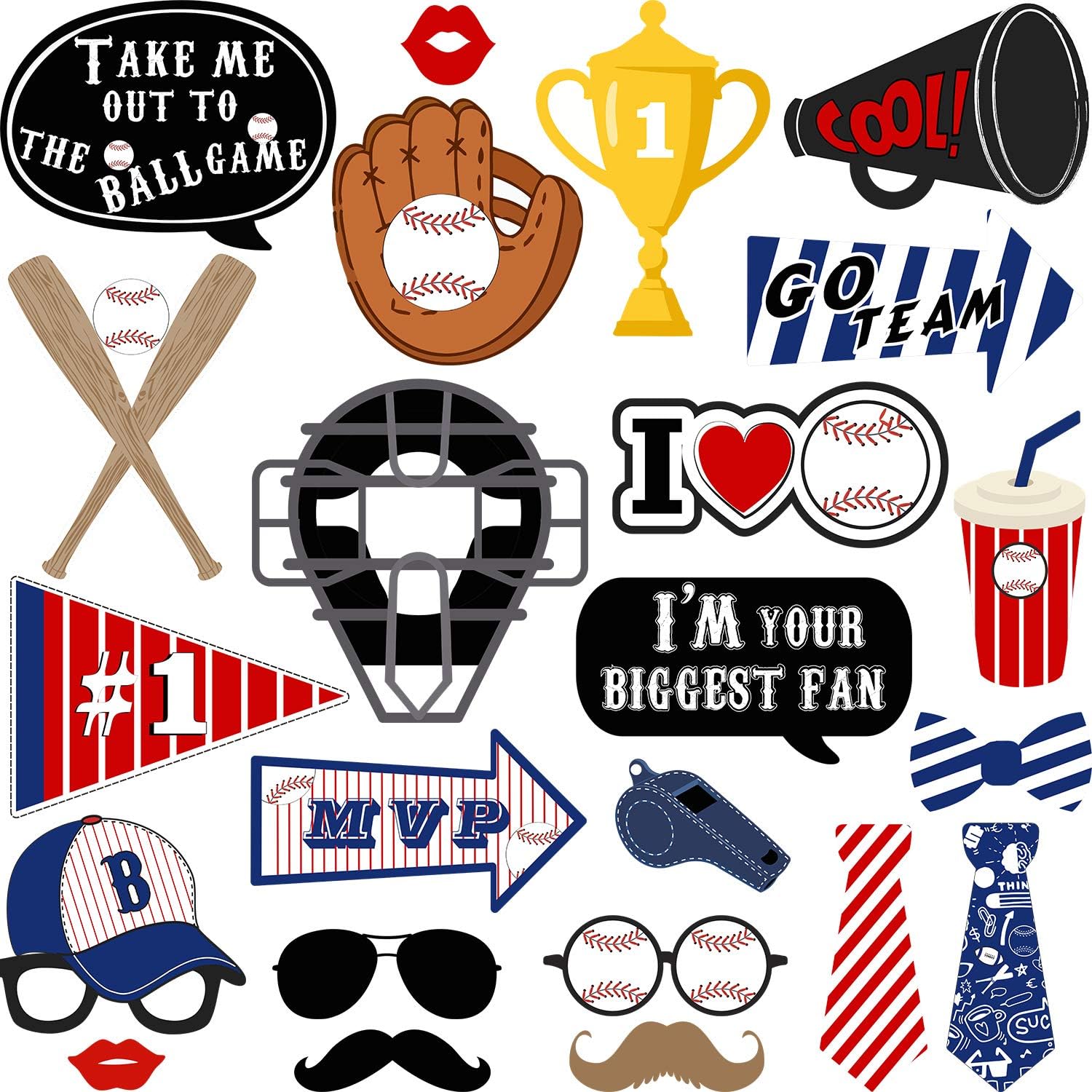 24 Piece Baseball Photo Booth Props Kit for Parties