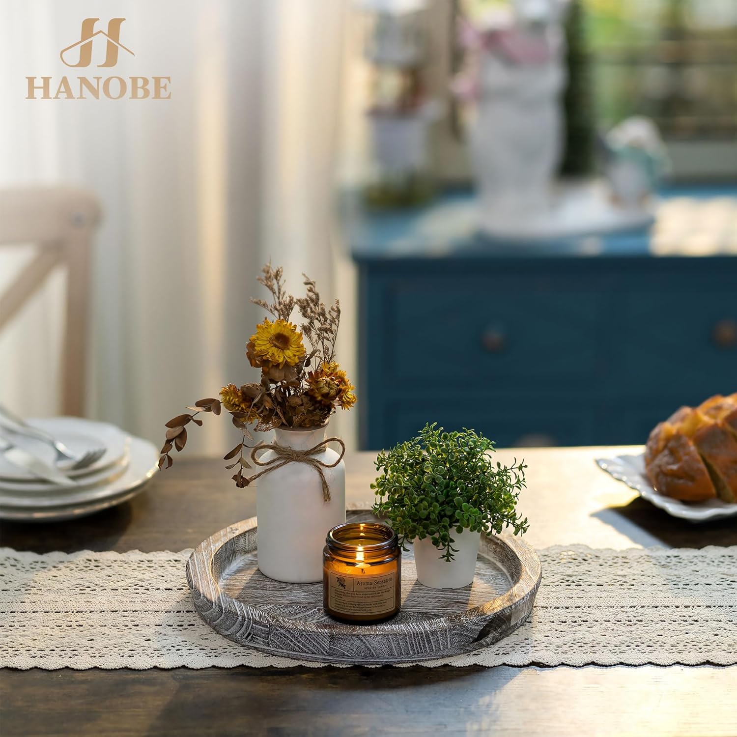 Hanobe Round Wooden Candle Holder Tray for Home Decor