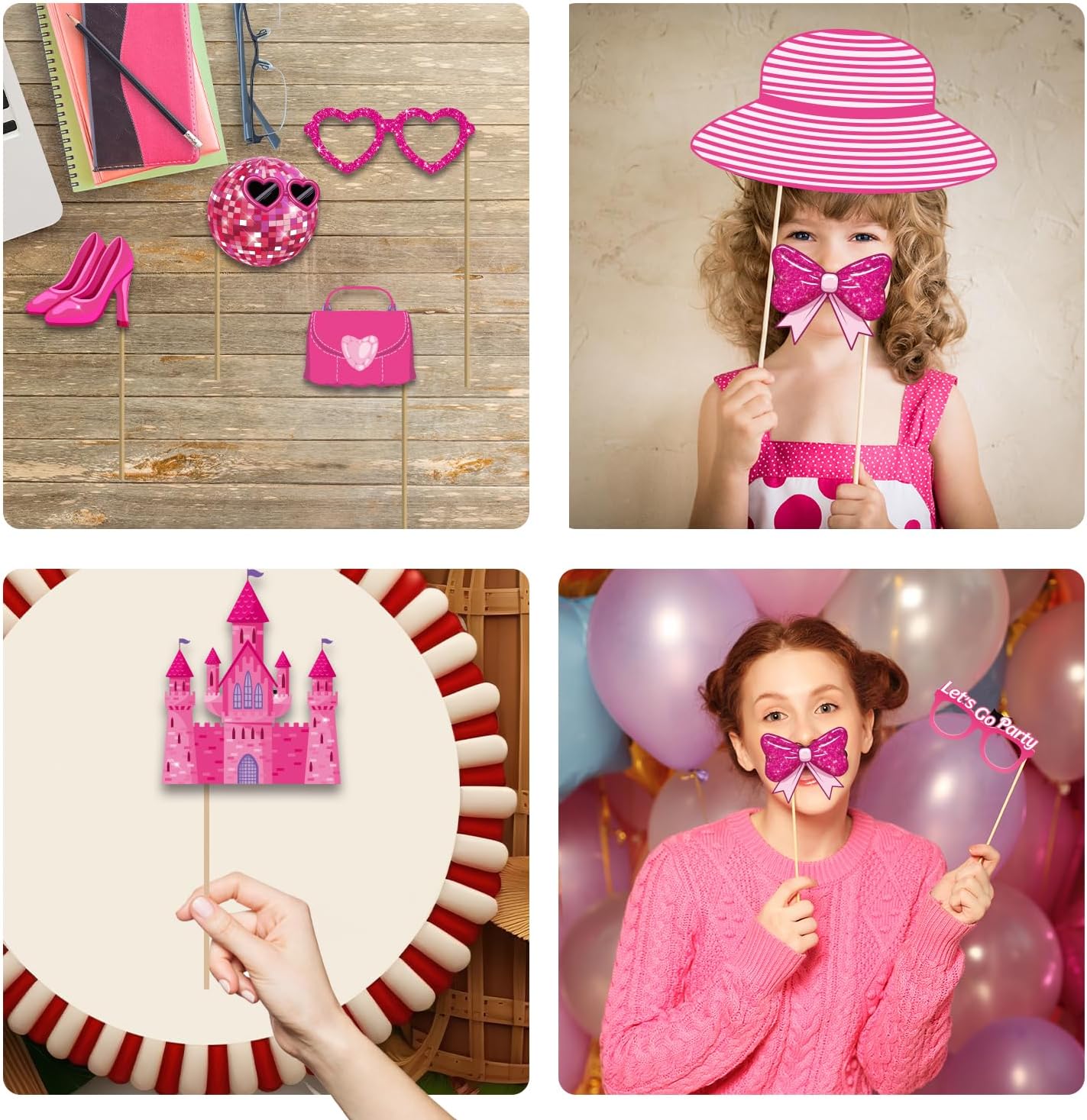 36Pcs Hot Pink Photo Booth Props for Girls Parties
