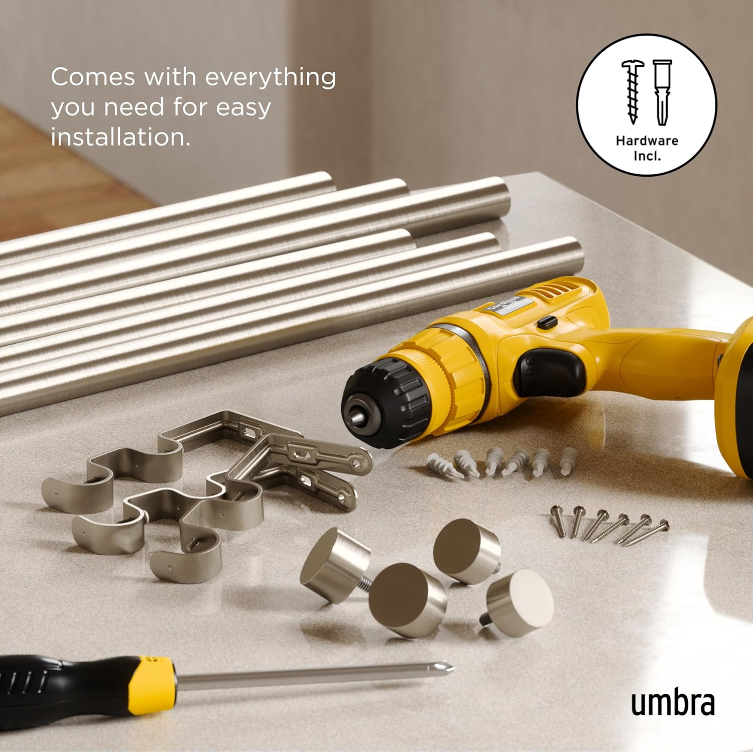 Umbra Cappa Double Curtain Rod with Finials and Hardware 66-120 Inch Nickel