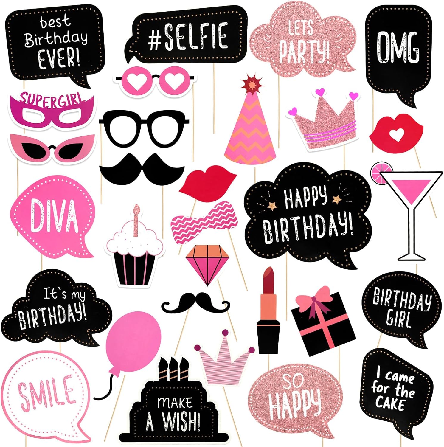 Pink Girls Birthday Photo Booth Props 30 Pcs Set
