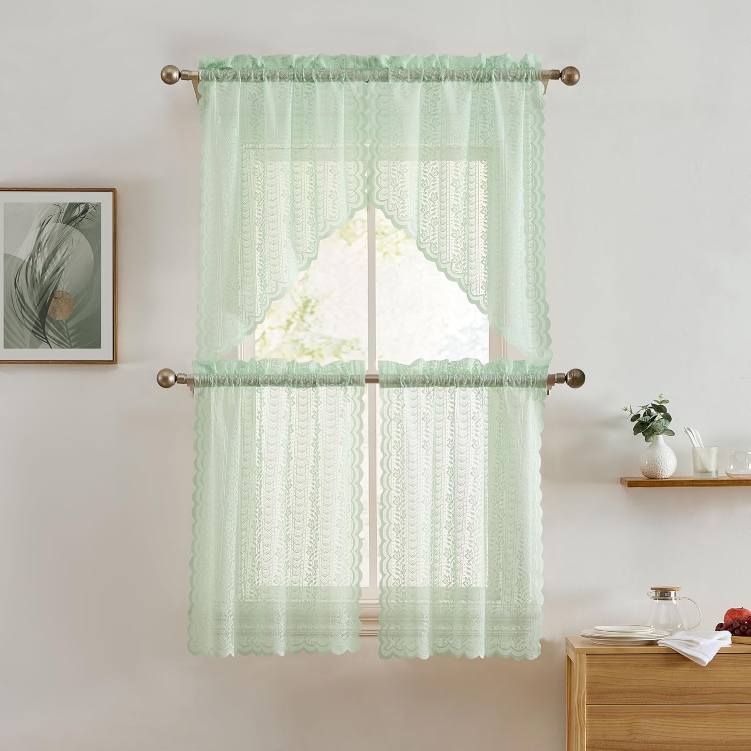 HLC ME Sophia Floral Valance 28x36 Inch Seafoam Green Set of 2