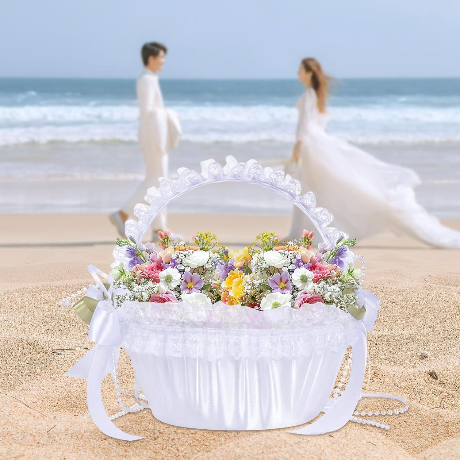 Modern Luxury Ivory Lace and Polyester Flower Girl Basket with Handle
