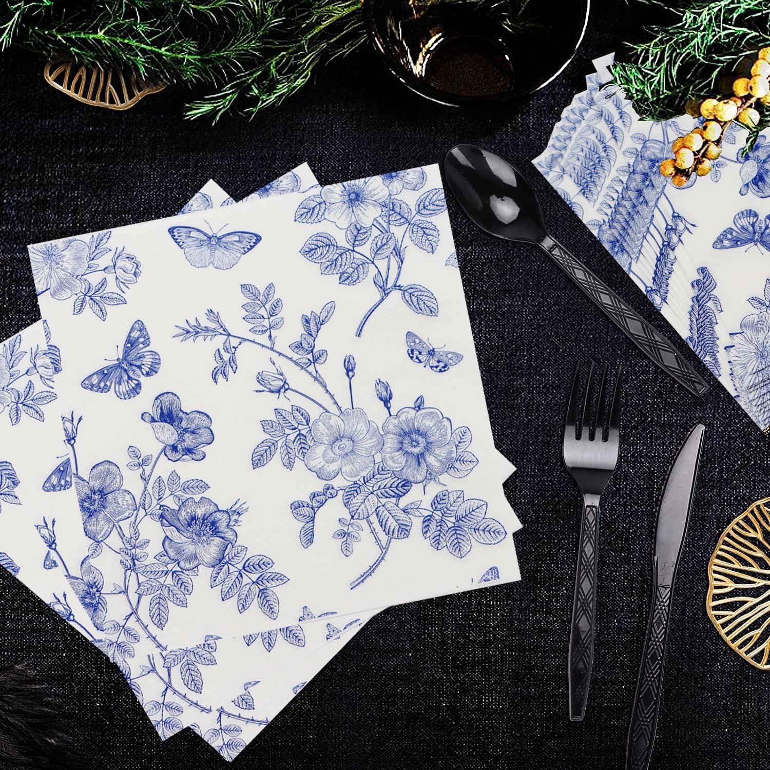 40 Pack Blue White Floral Luncheon Napkins