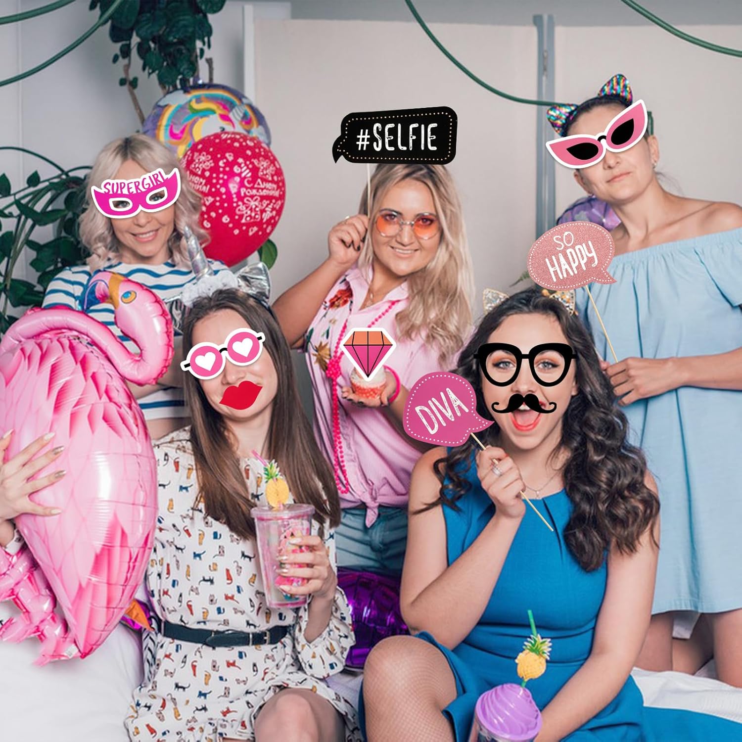 Pink Girls Birthday Photo Booth Props 30 Pcs Set