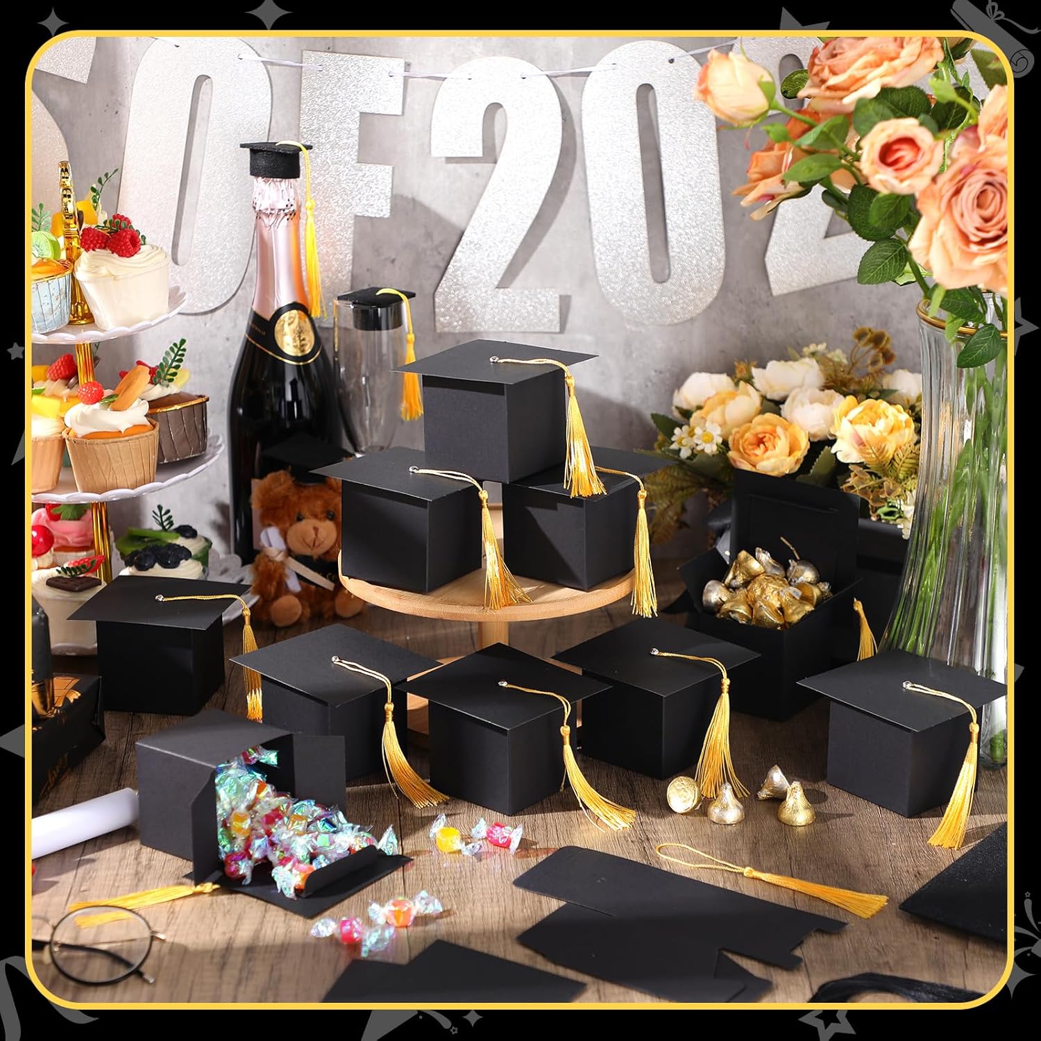 TaoBary Graduation Cap Candy Boxes Set of 12 Black