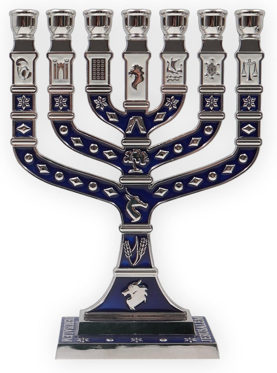 Jerusalem 7 Branch Traditional Menorah Enamel Finish with 12 Tribes of Israel