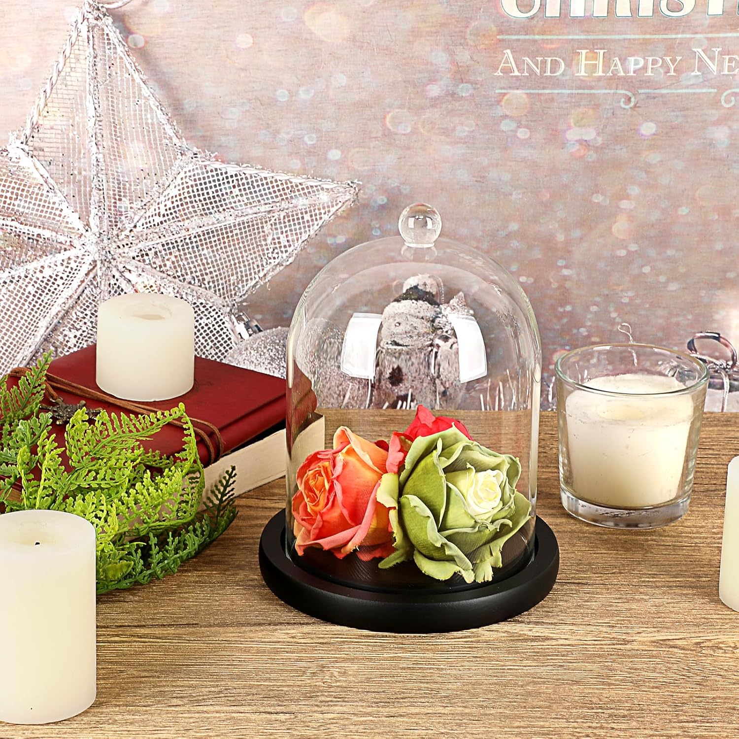 JUXYES Clear Glass Cloche with Wood Base