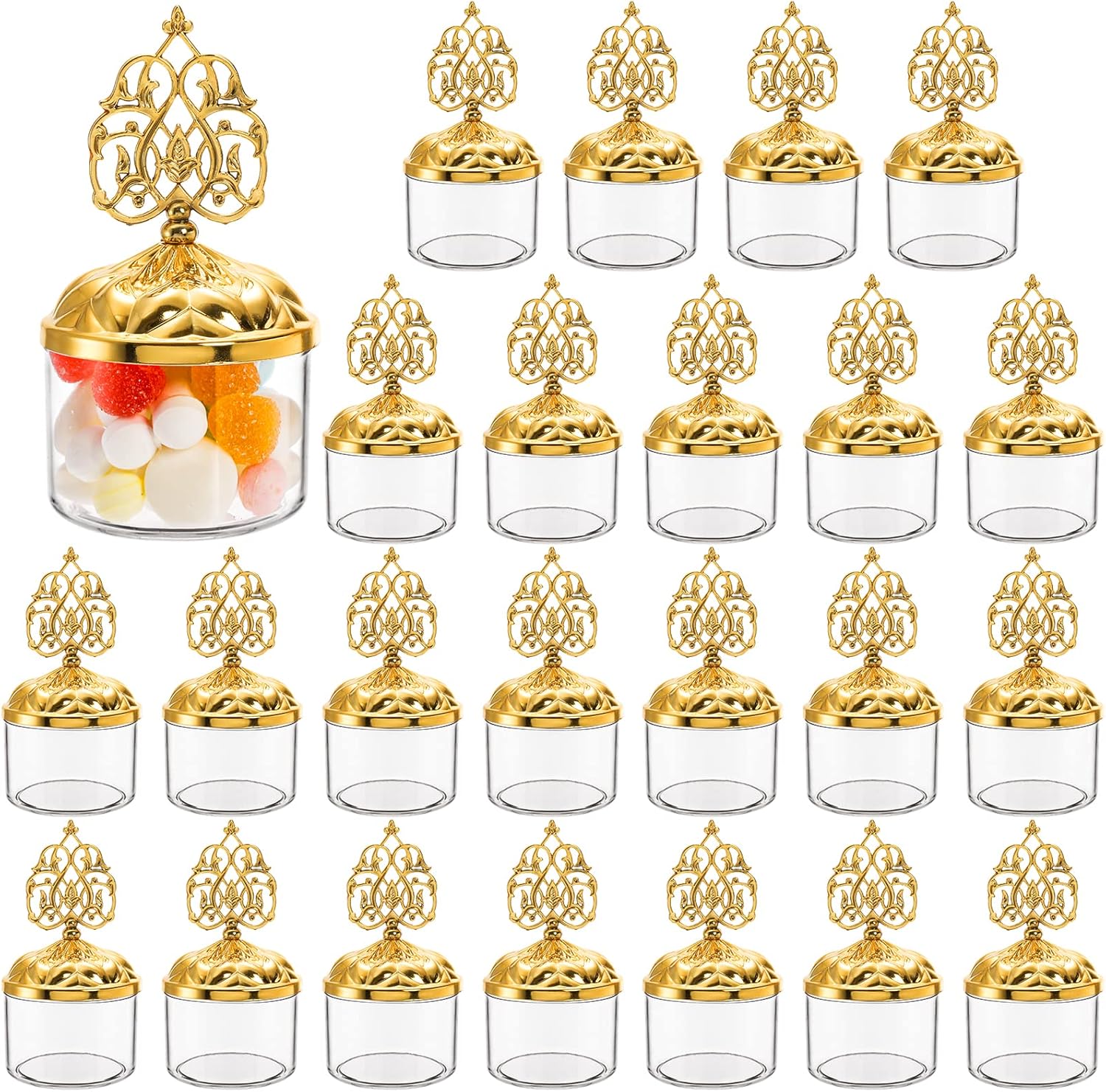 24 Pack Clear Candy Favor Boxes with Gold Lids