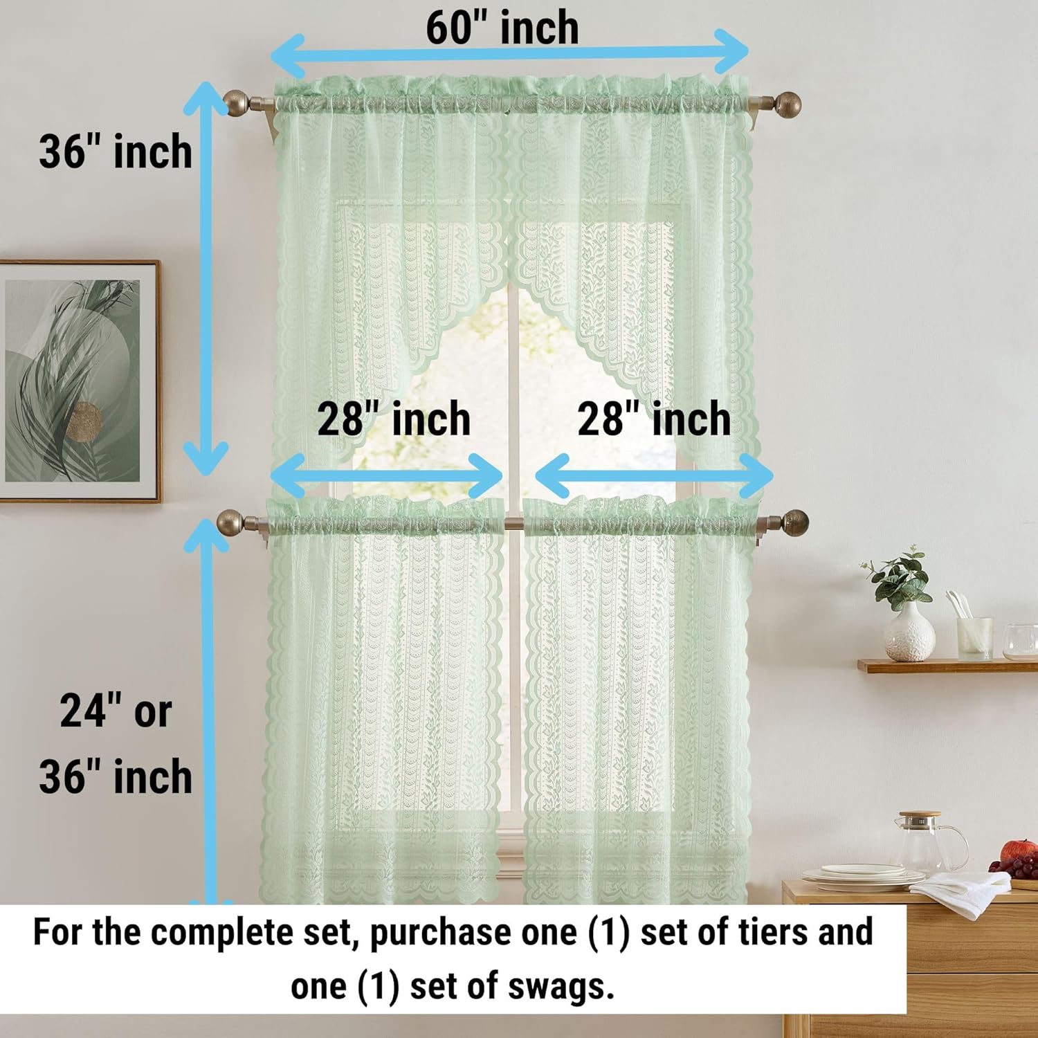 HLC ME Sophia Floral Valance 28x36 Inch Seafoam Green Set of 2