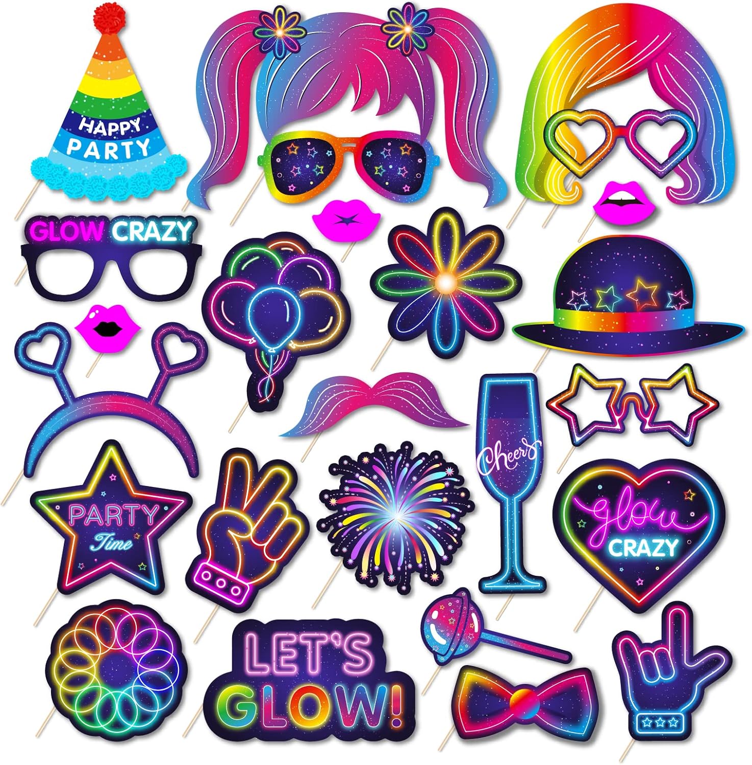 25pcs Glow Neon Photo Booth Props with Stick