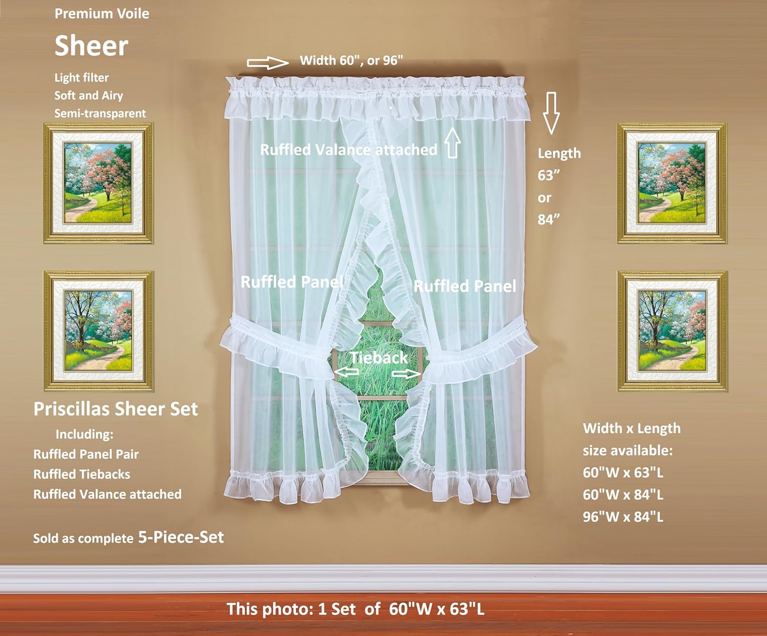 Todays Curtain Emelia Priscilla Sheer Pair 60x84 White 5-Piece Set