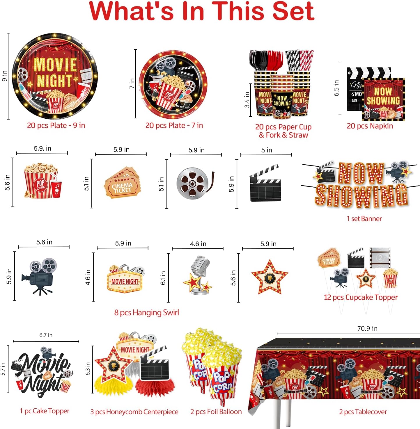 157pcs Movie Night Supplies Set with Plates and Tablecloths